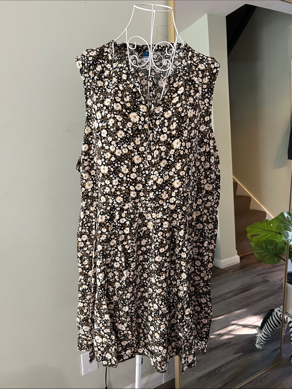Old Navy Black Midi Dress with Cream Floral Print
